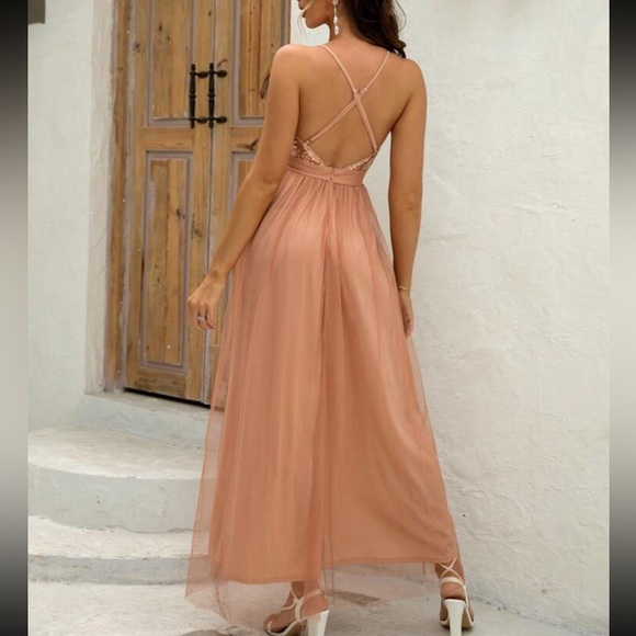 Luxe champagne sequins open back party formal evening wedding gown dress - Picture 3 of 6